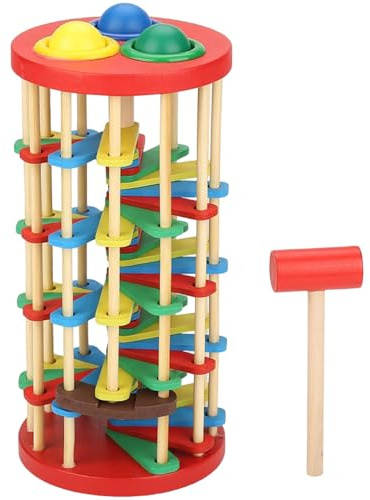 Wooden Ball Drop Toy Tower with Swirling Ramps, Hammer & 3 Balls, Montessori Educational for Babies Toddlers 3+