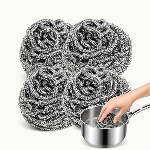 CHEFZOCO Estropajo para Fregar, Esponja para Lavar Platos, Estropajos de Acero Inoxidable, Limpiador Superficies metálicas, Esponja Limpieza Metálico, Apto para Suciedad Incrustada, 4 Unidades