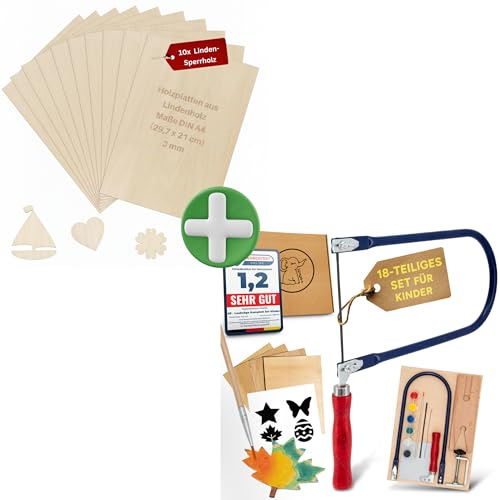 Eli® 10 Stück Sperrholzplatte 3mm + Laubsäge Set - A4 Sperrholz - Holzplatte - Sperrholz - Spanplatte zum Basteln für DIY Holzarbeiten - Brandmalerei - Laubsäge - Geschenke für Jungen und Mädchen