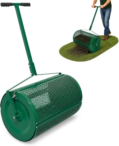 DIVCHI 24 Steel Compost Spreader Roller – Lawn Peat Moss & Topsoil Spreader for Grass Seed, Manure & Fertiliser, Heavy Duty Garden Lawn Care Tool with Mesh Drum for Even Distribution