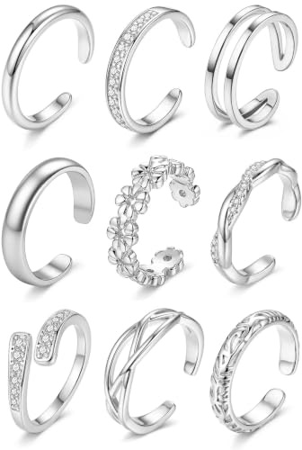 Minnario 9 Stück Gold Zehenringe für Damen Wasserfest Zehenring Set | Offene Silber/14K Vergoldete Ringe,Verstellbare Nicht Anlaufen Zehenringe,Sommer Strand Fußschmuck