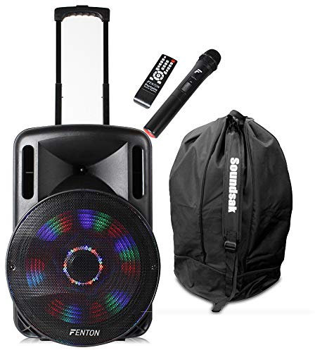 Fenton FT15LED Portable PA Speaker System with Wireless Mic, Bag, Battery Powered Sound System, Ideal for Mobile Entertainment and Wireless Audio Events