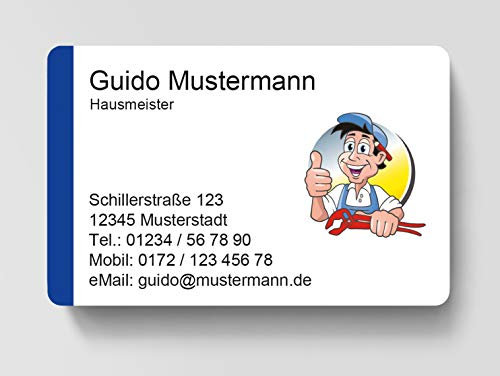100 Visitenkarten, laminiert, 85 x 55 mm, inkl. Kartenspender - Hausmeister