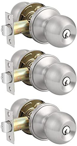 Probrico 3 Pack Entry Door Knob with Key Stainless Steel Exterior Door Knobs Round Security Front Door Lock Set Satin Nickel