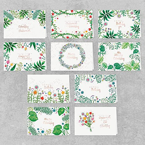 PremiumLine Geburtstagskarten Set mit Umschlag, 10 Stück, umweltfreundliche, hochwertige Klappkarte gedruckt auf edlem Naturkarton, Glückwunschkarte mit Natur Blumen Motiv, 11,5 x 17 cm
