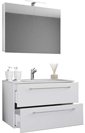 VCM 3-TLG. Waschplatz Waschtisch Badmöbel Set Waschbecken Badinos Schublade Spiegel 60, Weiß