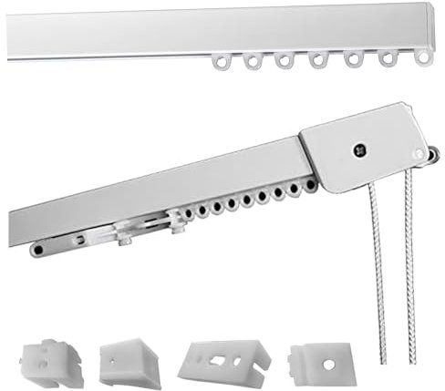 Binario Tenda Soffitto Lineare in Alluminio Bianco Personalizzabile, Completo di Accessori per il Fissaggio, Movimento a Corda, Bastone Tende a Soffitto o Parete (150 CM, MOVIMENTO A CORDA)