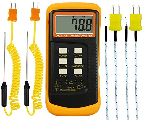 DANOPLUS Digitales Thermoelement-Thermometer, K-Typ (-50 ~ 1300 °C) mit zwei Kanälen, 4 Sonden (drahtgebunden & Edelstahl) Handheld-Hochtemperatur-Kelvin-Skala Messgerät Tester