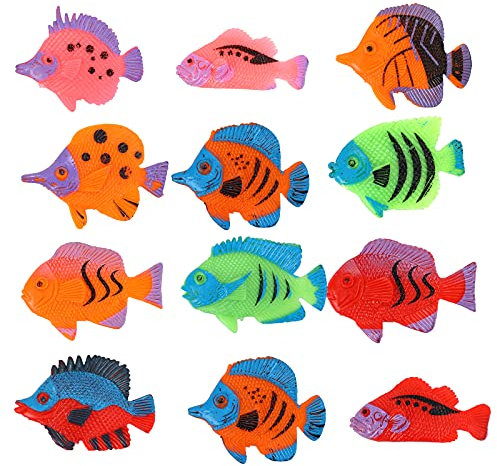 Molain Moain Lot de 12 mini poissons tropicaux en plastique pour garçons et filles, Multicolore, 2 x 1.5 in/3.8 x 5 cm