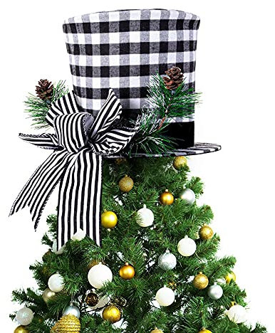 XIYAO Christmas Tree Topper Retractable Foldable Plaid Top Hat Xmas Tree Topper Ornament with Large Bow, Xmas/Holiday/Winter Wonderland Party Decoration Ornament Supplies, Black, 20*26 centimeters