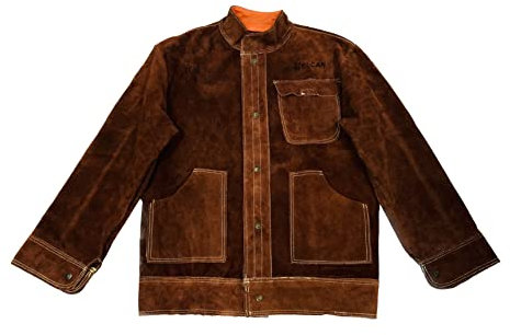 ELCAN Professional Flammhemmende braune hitzebeständige Schweißerjacke aus Leder, Arbeitskleidung für Elektrodenschweißen, WIG, MIG, MAG, Grillen, Gartenarbeit, Kamine, Öfen… (Größe L)