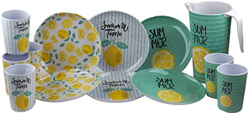 BWG Summer Lemon 13 Piece Melamine Plastic Plates Cups Set With Water Jug