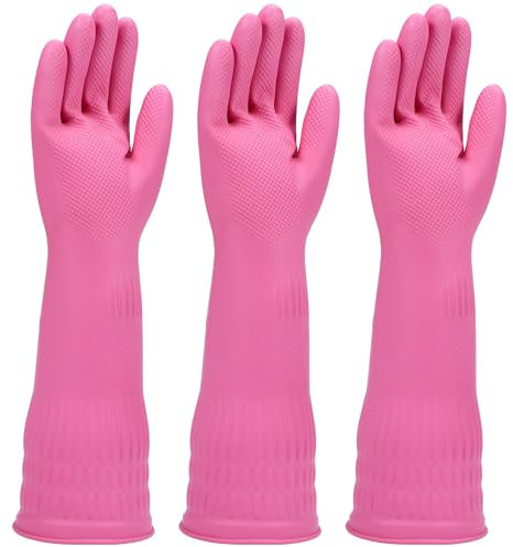 IUCGE Rubber dishwashing gloves 3 Pairs for kitchen,Cleaning washing dish gloves long for household reuseable durable.(Small,Pink)