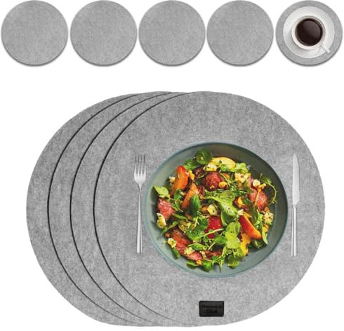 4-Teiliges Set aus Filz Tischuntersetzer Platzset Tischläufer, Platzdeckchen abwaschbar Filzmatte (Rund, Grau)