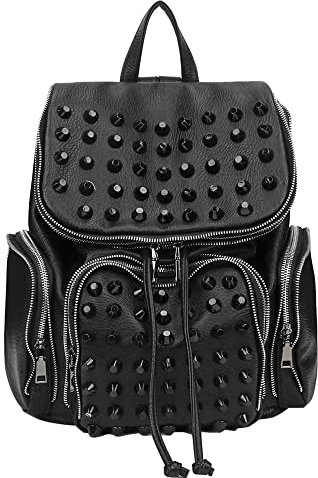 Caalaay Nieten Rucksack Vegane Leder Nieten Rucksack Geldbörse Multi-Pocket Flap Rucksack Satchel Cool Rucksack mit Top Griff Reißverschluss Verschluss Eimer Tasche Männer/Frauen -Schwarz