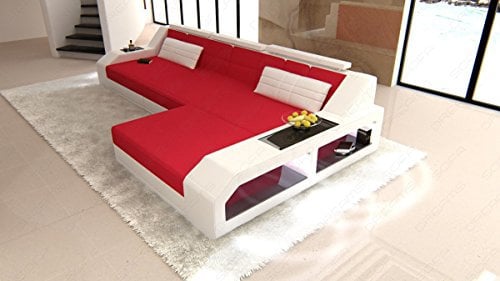 Ecksofa Arezzo - mit LED Beleuchtung, verstellbare Kopfstützen, Ottomane/Mikrofaser/Ausrichtung wählbar (Ottomane rechts, Weiss-rot)