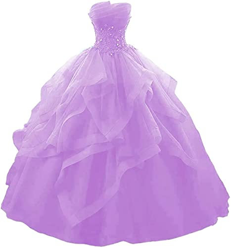 WSEYU Vestido de fiesta de volantes largos vestidos de quinceañera sin tirantes de encaje de tul con cuentas vestido de noche de la princesa, morado, 56