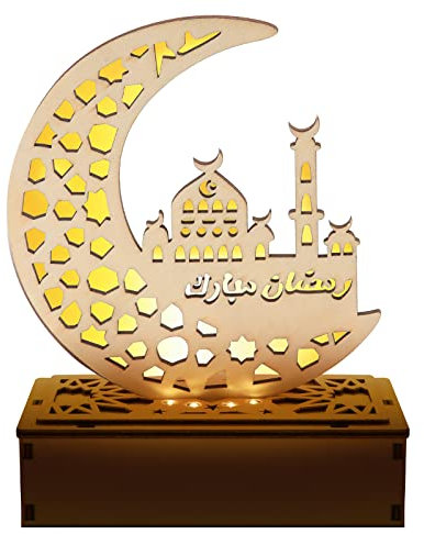 Yizhet Ramadan Laterne, LED Holz Lampe mit Halbmond & Stern Design, Ramadan Deko Lichter für Eid Mubarak Geschenke und Partys Dekorationen