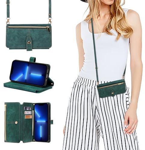 ZCDAYE Case for iPhone 13 Pro Max, iPhone 13 Pro Max (6.7 inches) Wallet Phone Case, Premium Zipper (with Long Lanyard) Flip Leather Phone Case for iPhone 13 Pro Max (6.7 inches) - Green