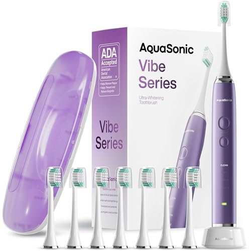 Aquasonic Vibe Series Ultra Blanchiment Brosse à dents – ADA Accepted Power Toothbrush - Violet – 8 têtes de brosse et étui de voyage – Moteur 40 000 VPM et chargement sans fil – 4 modes -