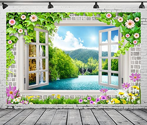 CORFOTO 7x5ft Fabric Window View Mountains Backdrop Flowers Window Nature Waterfall Scenery Photography Background for Kids Children Baby Shower Birthday Party Decor Bedroom Aesthetic Wall Decor