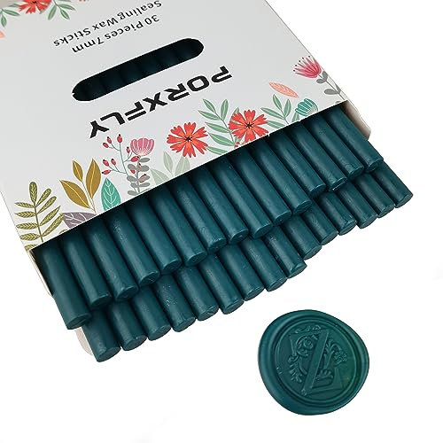 30 Stück 7mm Siegel Wachs Sticks für Klebepistole, PORXFLY Mini-Siegelwachsstäbe, ideal für Karten, Umschläge, Hochzeitseinladungen, Geschenkverpackungen, Weinpakete (Dunkelgrün)