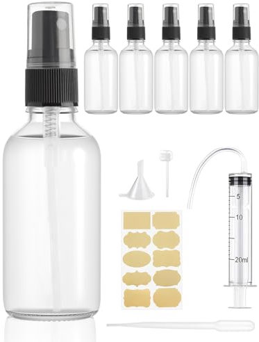 Bohoray 6 Pcs Glass Spray Bottle 50ml,Empty Perfume Spray Bottle,Refillable Spray Bottle,Fine Mist Clear Travel Bottles,Atomiser With Label,Syringe,Dispensing Tools for Cleaning,Perfume,Cosmetic