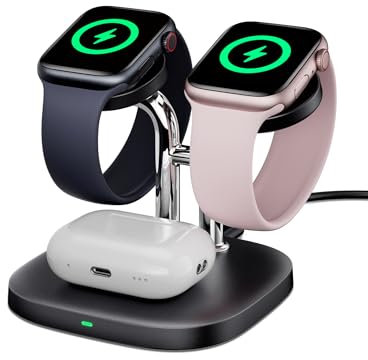 SwanScout Doppel Watch Ladestation für Apple Watch 10, SwanScout 704A, 3.3W Schnell Ladestation Kompatibel mit Apple Watch 10/Ultra/9/8/7/6, kabelloses Ladegerät Station für Airpods Pro (ohne Adapter)