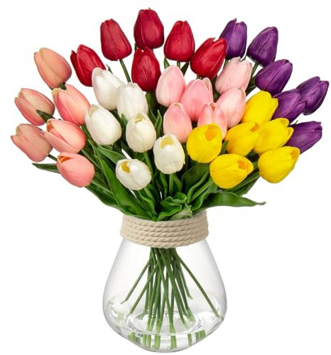 24 Stück Tulpen Künstlich Kunstblume Real-Touch Latex Tulpe Blumen Deko Kunstpflanze Länge 34cm für Home Room Hochzeitsstrauß Party Blumengesteck
