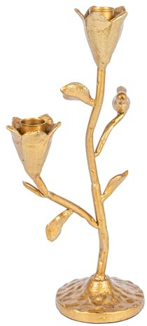 Creative Co-Op Hand-Forged Cast Iron Candelabra with Flowers and Bird, Holds 2, Gold Taper Holder