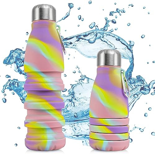 Perfekto24 Faltbare Trinkflasche - BPA-frei, Auslaufsicher - Hochwertiges Silikon - Ideales Festival Zubehör und praktischer Outdoor-Begleiter mit Karabiner (Bunt)