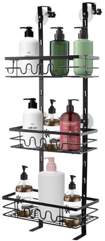 Duschablage zum Hängen, Duschablage ohne Bohren, mit 3 Etagen und verstellbarem Hakenkorb. Speziell für rahmenlose Glastüren konzipiert. Bequem zum Aufhängen von Shampoo und Duschgel(Schwarz)