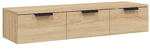Homgoday Schwebender Wandschrank mit 3 Schubladen, Wandregale, Hängeschrank, TV-Schrank, Wandschrank für Wohnzimmer, Regal für Abstellräume, Sperrholz, Eiche Sonoma, 102 x 30 x 20 cm