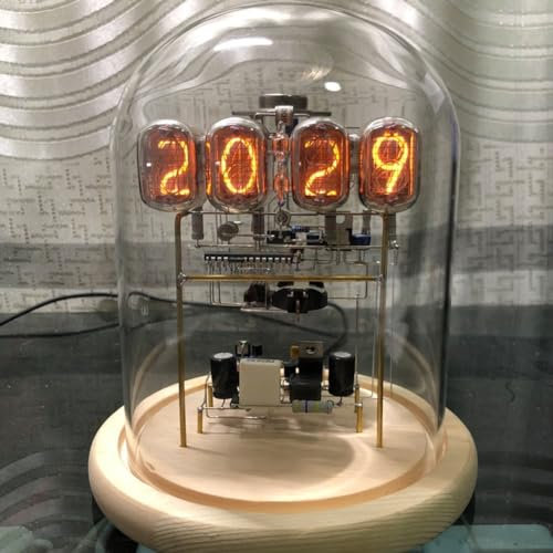 RANRAO Nixie Leuchtröhrenuhr, klassische Retro-Röhrenuhr, LED-Punk-Röhrenuhr-Set mit rundem Glas-Holzsockel, digitaler Steampunk-Stil, Schreibtisch-Dekoration (originale Holzfarbe)