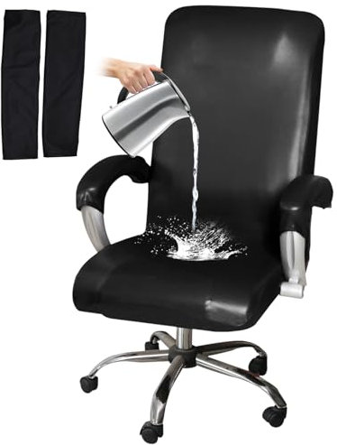 HOMECOVER Stretch Bürostuhl Bezug Wasserdicht, Universal PU Leder Schwenkbare Computerstuhl Bezug Mit Armlehnenbezüge Abnehmbar Stuhlbezüge-Schwarz-XL