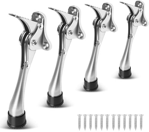 4 Pack Kickdown Door Stoppers 6 Inch Heavy Duty Indoor Door Stops One Touch Doorstop with Non-Slip Rubber Tip, Brushed Nickel