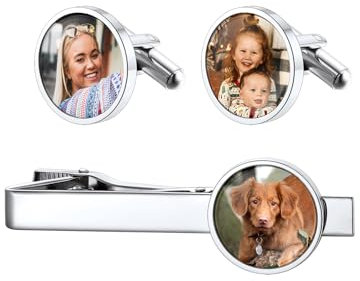 Custom4U Personalisierte Krawattenklammer&Manschettenknöpfe Set mit Fotogravur Edelstahl Herren Krawattennadel Silber Krawattenklammern Tie Clip Geschenke für Vatertag Geburtstag Weihnachten