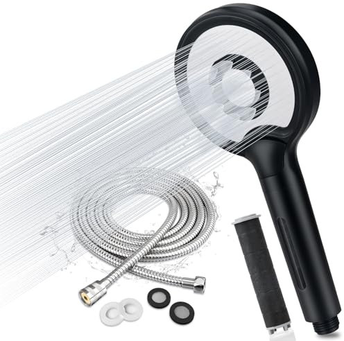 Hard Water Filter Shower Head, 3 Spray Modes High Pressure Shower Head Filter and 2m Hose Set, Handheld Powerful Shower Heads to Increase Pressure, Large Water Saving Showerhead for Home Gym Use,Black