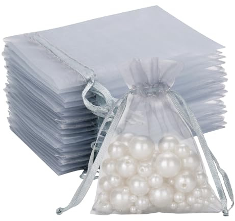 G2PLUS Silver Grey Organza Gift Pouches 7x9 cm: 100 PCS Small Favour Bags | Wedding Jewelry Bags, Clear Mesh Pouches Perfect for Wedding, Christmas, Birthday, Anniversary