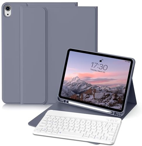GKABXY Case with Keyboard for iPad Air 11 inch (2025 M3/2024 M2), iPad Air 5th/4th (10,9 inch 2022/2020) Soft TPU Back with Pen Holder, Magnetically Detachable Bluetooth Keyboard cover, Purple