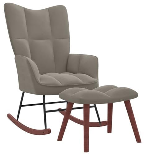 Schaukelstuhl mit Hocker Hellgrau Samt - Wohnzimmer Sessel Stillstuhl Schaukelstuhl - Fernsehsessel und Relaxsessel Ohrensessel