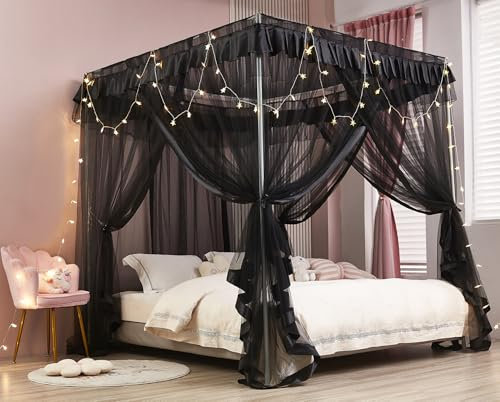 ZIQINPSQ Betthimmel, Betthimmel, Bettvorhänge, Prinzessinnen-Betthimmel für Mädchen, Bettvorhänge, Moskitonetz für Bett, Schlafzimmer, Dekoration, Zubehör (schwarz, Doppelbett 1 x Betthimmel)