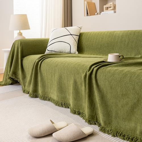 JIcloun Grün Sofa überwurfdecke L Form Große 1 2 3 4 Sitzer Sofadecke Kuscheldecke Chenille Couch Überwurf Tagesdecke mit Fransen, Wasserdicht 180x180cm
