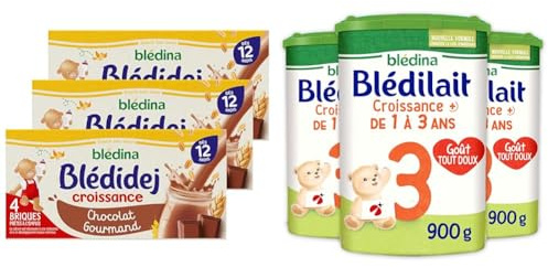Blédina Blédidej - Céréales bébé Lactées Chocolat Gourmand - Dès 12 Mois - 12 briques de 250mL + Blédina Blédilait Croissance 3+ Lait en Poudre pour Bébé, 3 x 900g