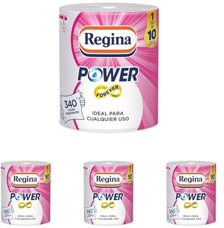 Regina Power Papel Multiusos | 1 Rollo Aún Más Largo | 340 Hojas de 2 Capas | Ideal para Limpiar Superficies Domésticas | Embalaje Reciclable | Papel 100% Certificado FSC (Paquete de 4)