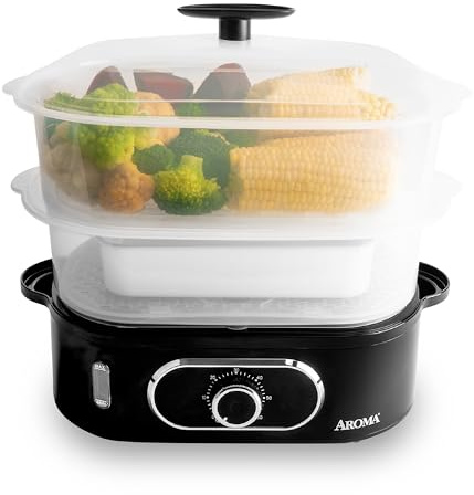 AROMA® Double Food Steamer Basket and Electric Rice Steamer with Easy-Read Water Level and Timer