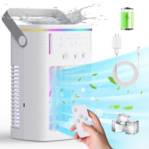 Aire acondicionado evaporativo compacto: tanque de agua de 1600 ml, ventilador de 3 velocidades, refrigeración evaporativa, ambiente LED de 7 colores y temporizador programable (2/4/8 horas) -