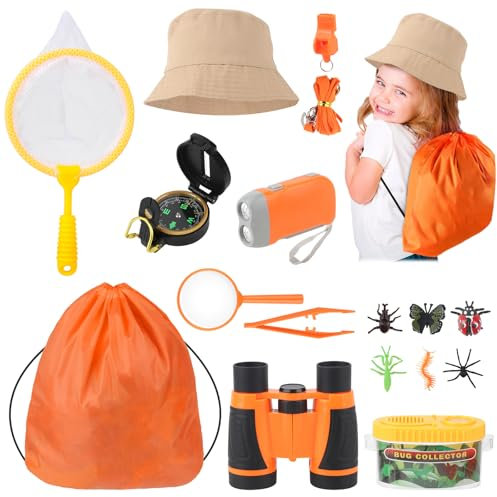 FENGQ Forscherset für Kinder, 17-teiliges Entdecker Set, Insekten Forscherset mit Fernglas Kinder,Insektenfalle,Kompass usw, Outdoor Entdeckerspielzeug Geschenk für Camping, Natur Erforschen