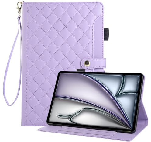Rosbtib Funda para iPad Air 11 M3/M2 2025/2024, iPad Air 5/4, iPad Pro 11 Todos los Modelos, Funda de Piel PU Bordada a Cuadros con Correa de Mano, Soporte y Cierre magnético - Morado