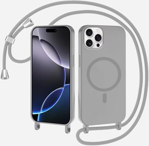 SLWYF Magnetische Handykette für iPhone 12 Pro/iPhone 12 Hülle mit Band, Handyhülle Kompatibel mit MagSafe, Silikon Seil Necklace Handyhülle PU Stoßfest mit Abnehmbar Kordel zum Umhängen - Grau